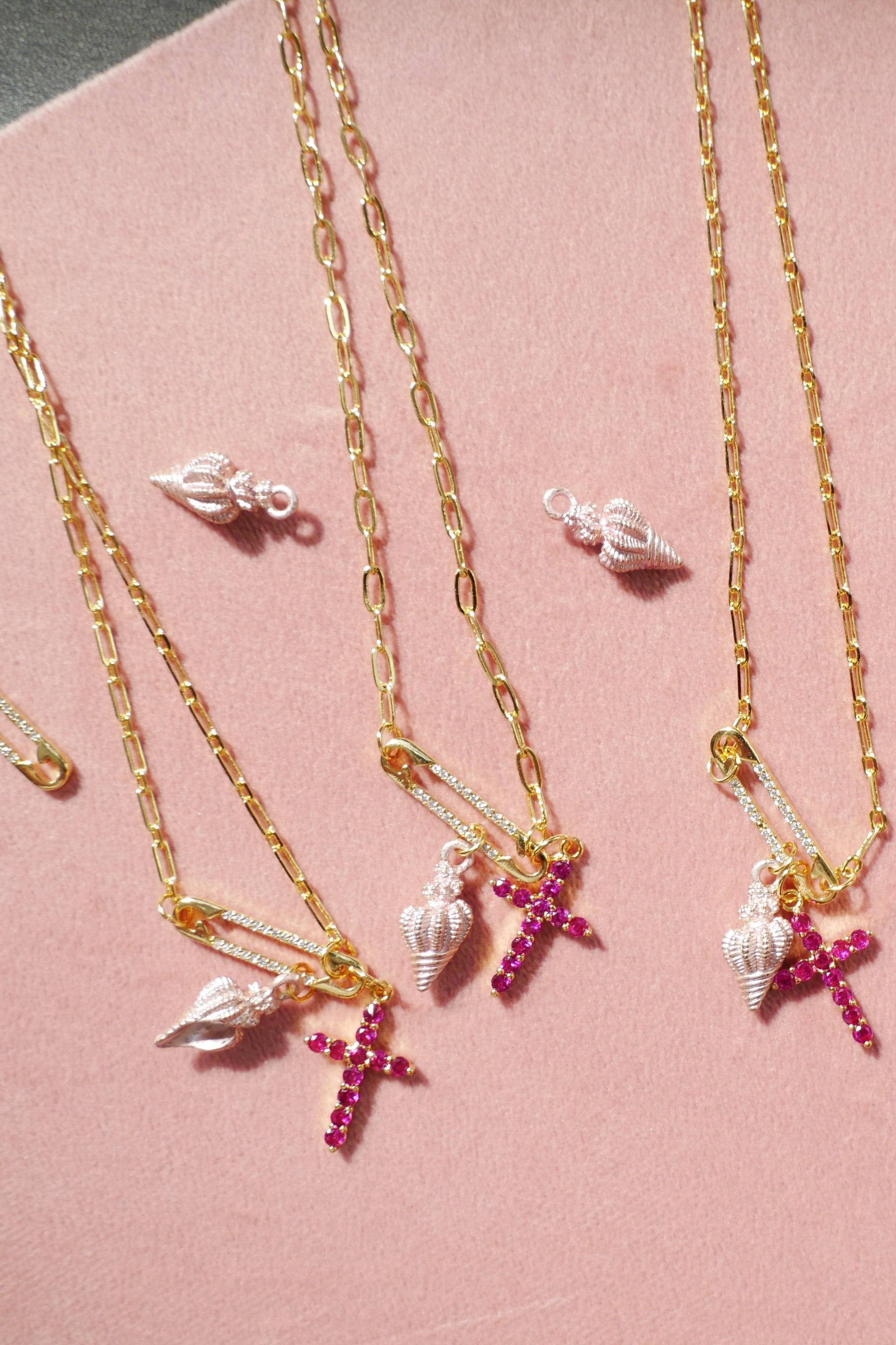 Fuchsia Cross & Silver Pink Seashell Charms Pin Necklace - 18K Gold-Plated
