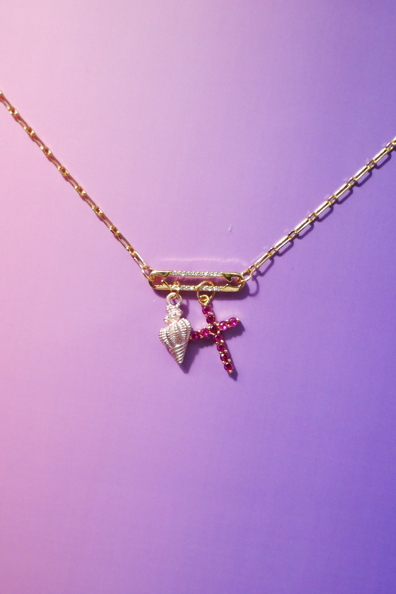 Fuchsia Cross & Silver Pink Seashell Charms Pin Necklace - 18K Gold-Plated