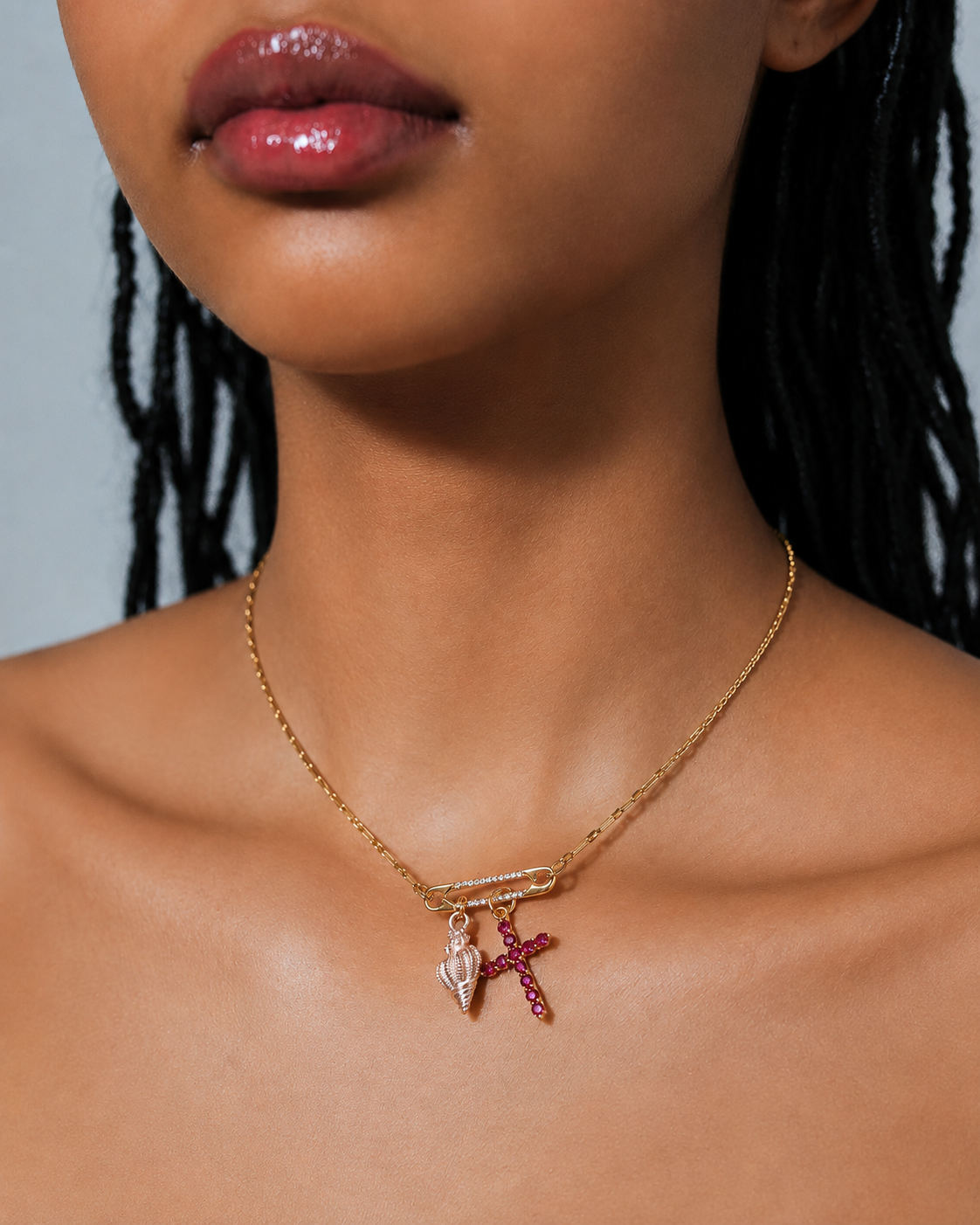 Fuchsia Cross & Silver Pink Seashell Charms Pin Necklace - 18K Gold-Plated